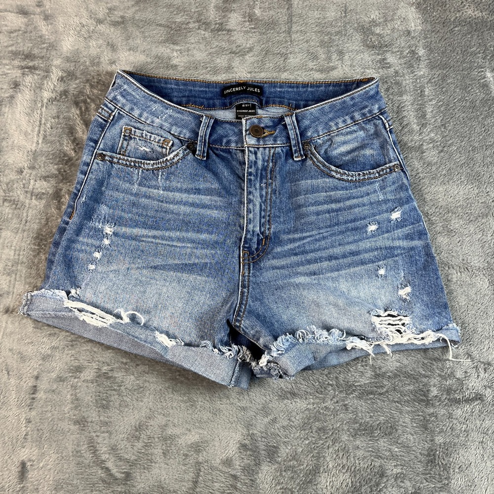 Sincerely Jules Cut Off Shorts Womens 5/27 Blue Denim Distressed Frayed Hem